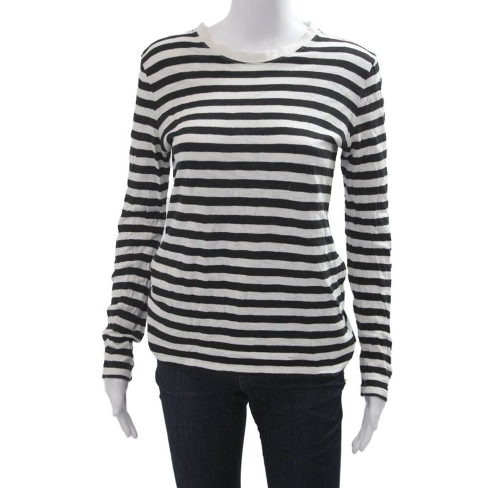 Joe Fresh Women Black Striped Cotton Basic Long Sleeve T-Shirt Size M